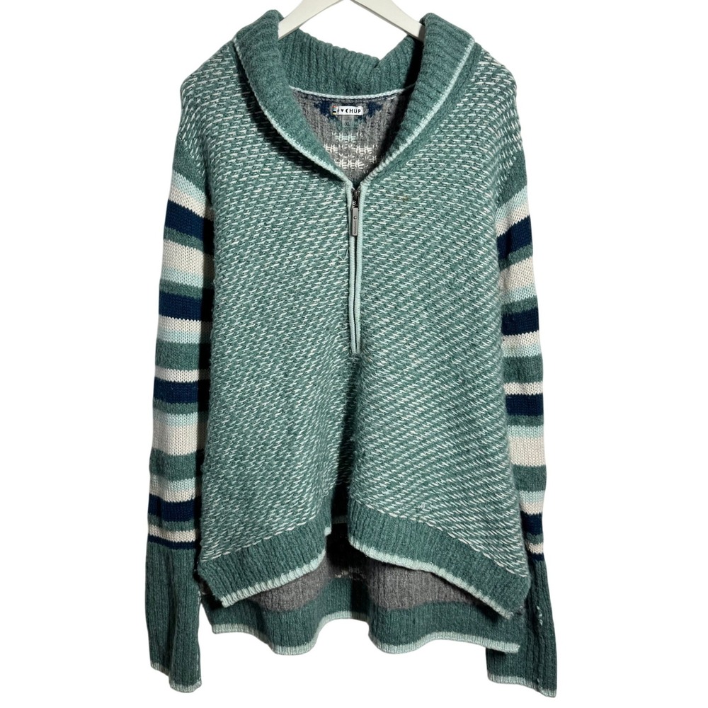 Smartwool CHUP Womens XL Quarter Zip Sweater Green Striped Merino Wool Blend